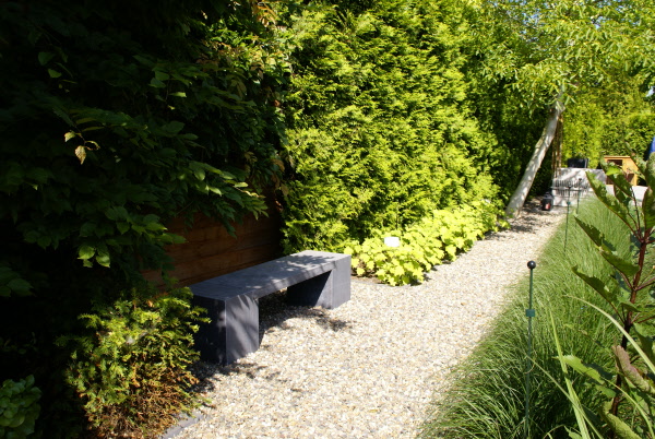 Tuin met grote vijver met hardhouten rand verschillende terrassen Hoveniersbedrijf DECAtuinen Almere Flevoland