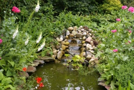 Tuin met natuurlijke vijver en waterloop